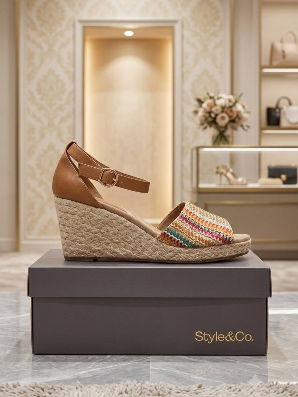 Style & Co. Tan Espadrille Wedge with Multicolor Crochet Toe